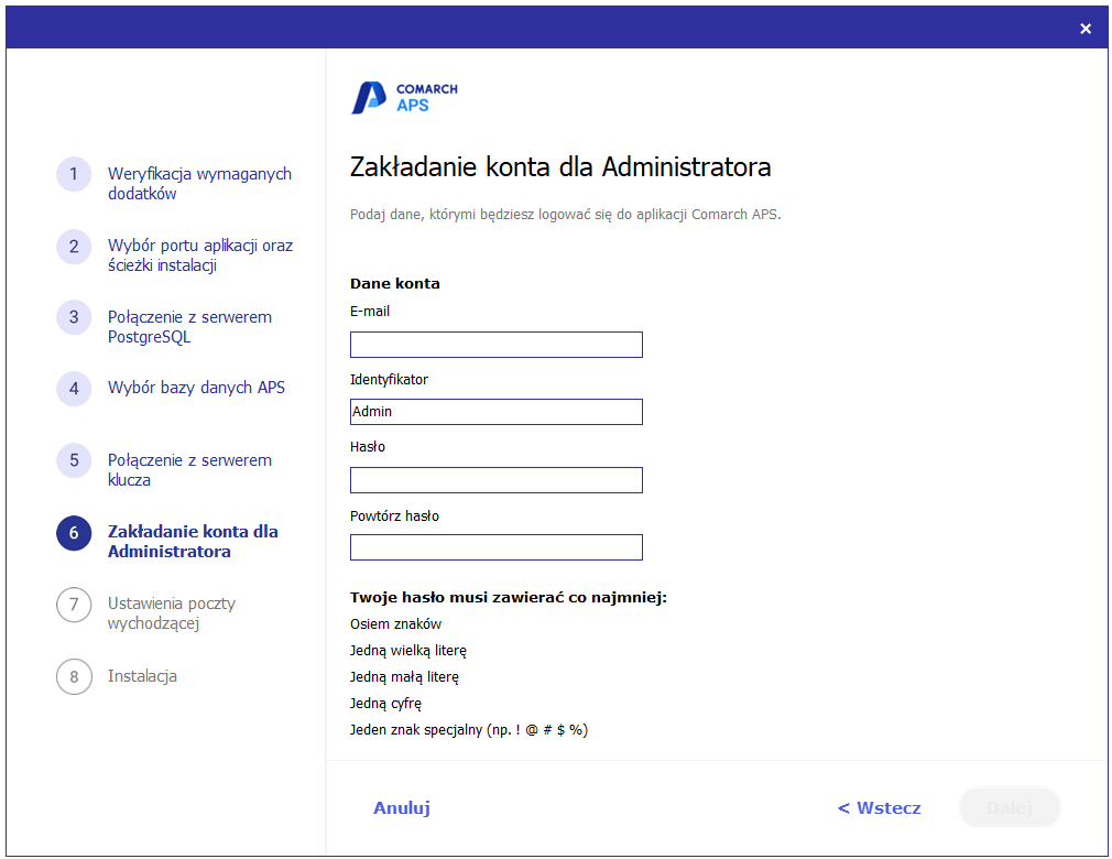 Zakładanie konta dla Administratora w aplikacji Comarch APS