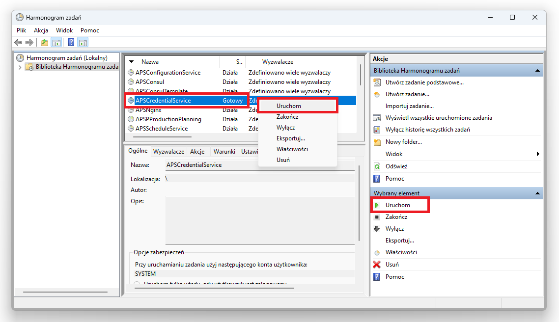 Przykłady uruchamiania usługi APSCredentialService z poziomu Harmonogramu zadań