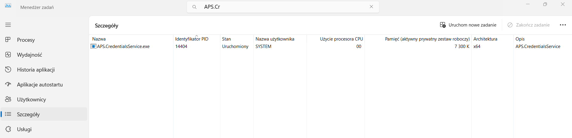 Proces APS.CredentialService.exe na zakładce „Szczegóły” z poziomu „Menadżera zadań”