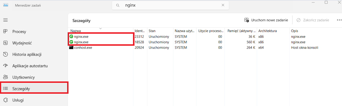 Procesy nginx.exe na zakładce „Szczegóły” z poziomu aplikacji „Menadżer zadań”