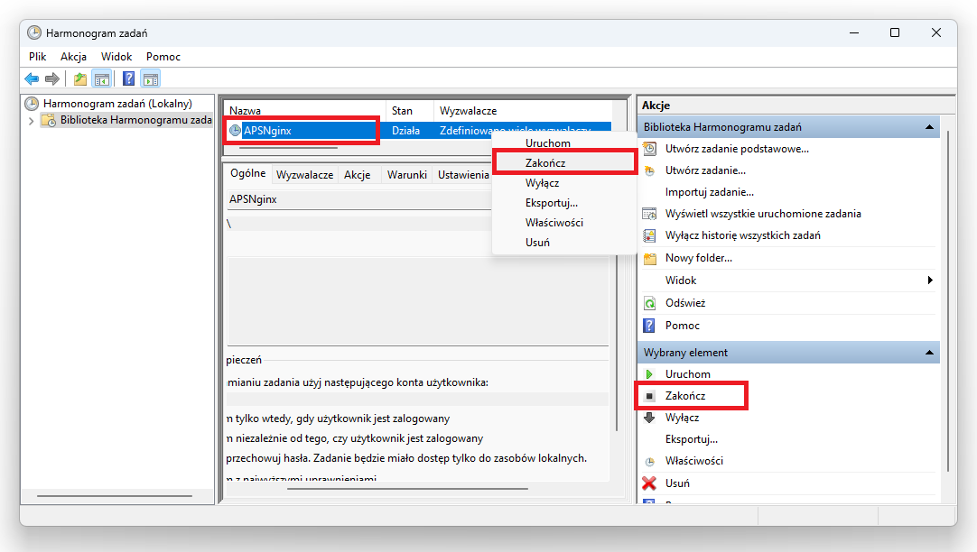Przykłady zakończenia działania usługi APSNginx z poziomu Harmonogramu zadań