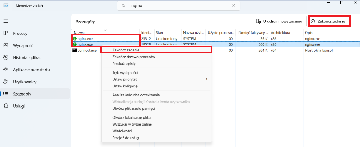 Zakończanie procesów nginx z poziomu menadżera zadań