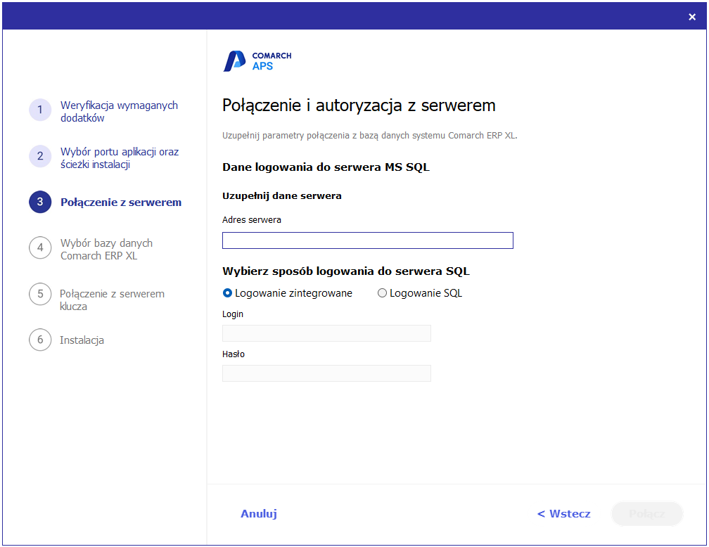 Wskazanie serwera MS SQL Server oraz bazy danych współpracującej z Integratorem Comarch ERP XL z Comarch APS