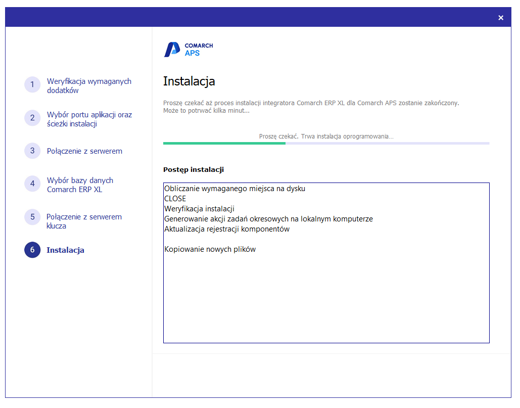 Okno informujące o postępie instalacji