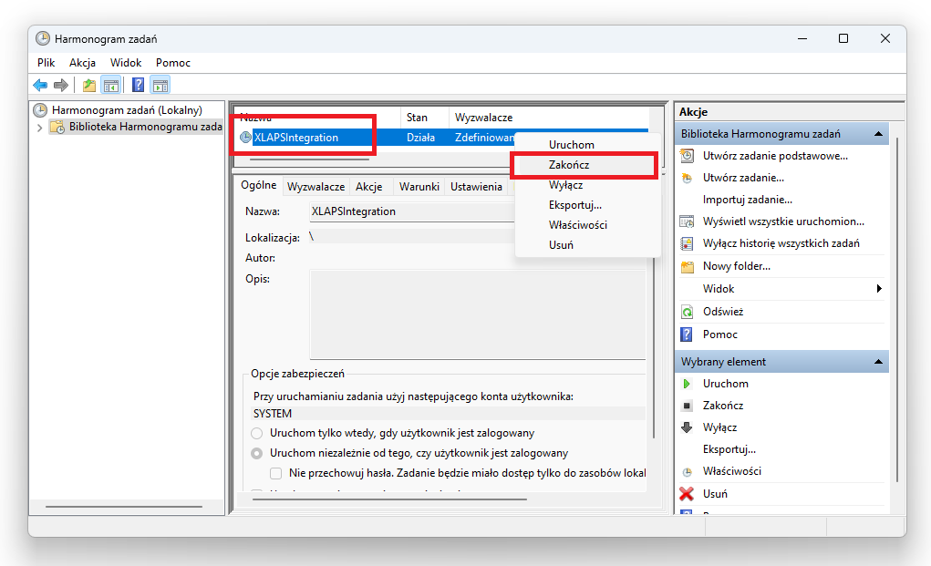 Przykład zakończenia usługi XLAPSIntegration z poziomu Harmonogram zadań poprzez wybranie opcji z menu kontekstowego