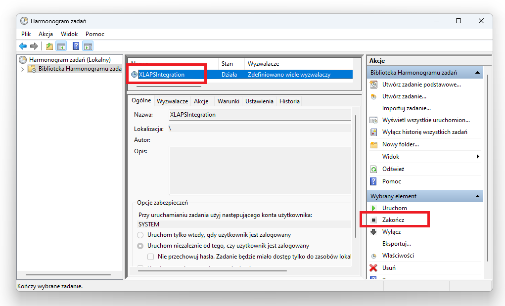 Przykład zakończenia usługi XLAPSIntegration poprzez wybranie opcji z sekcji Wybrany element z poziomu Harmonogram zadań
