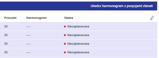 Utwórz harmonogram z pozycjami zleceń