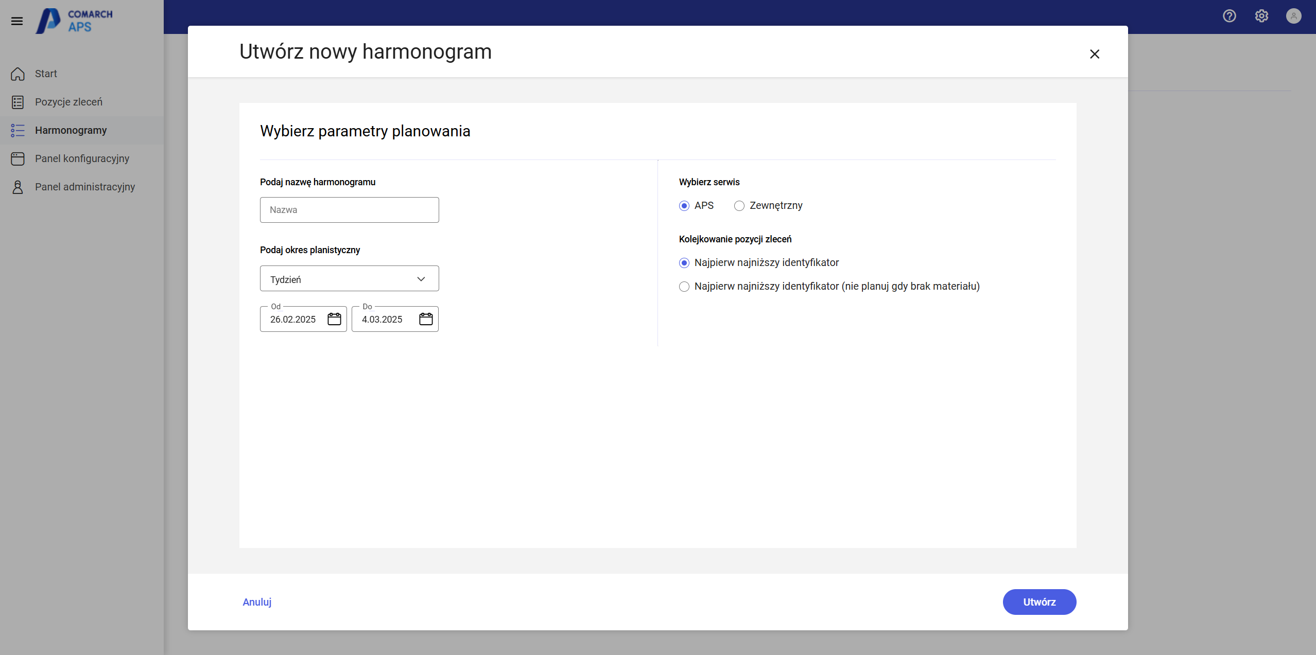 Okno tworzenia harmonogramu, wybór parametrów planowania