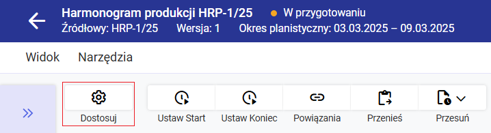 Przycisk umożliwiający otworzenie okna: Dostosuje widok wykresu