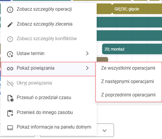 Wyświetlanie powiązań dla wybranej operacji