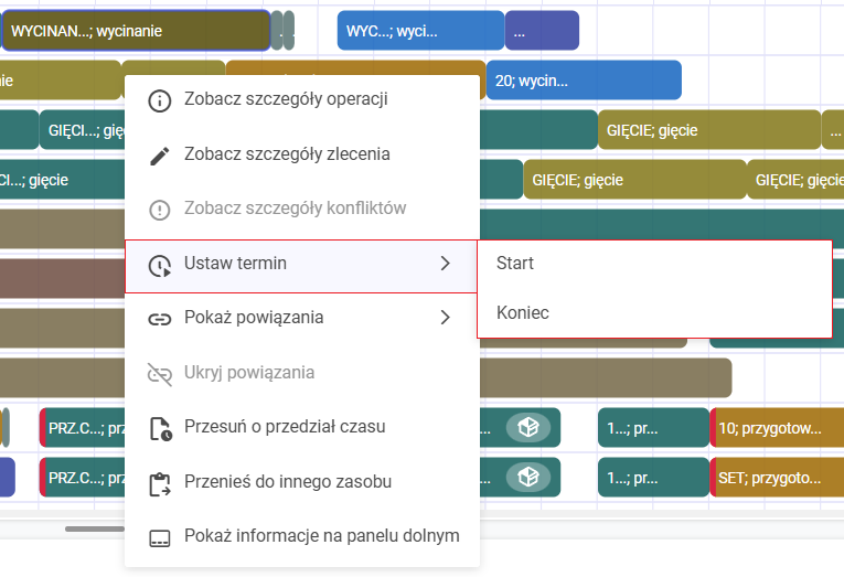 Ustawianie terminu Start lub Koniec operacji