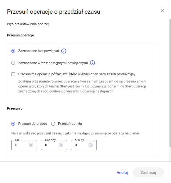 Opcje przesuwania operacji o przedział czasu