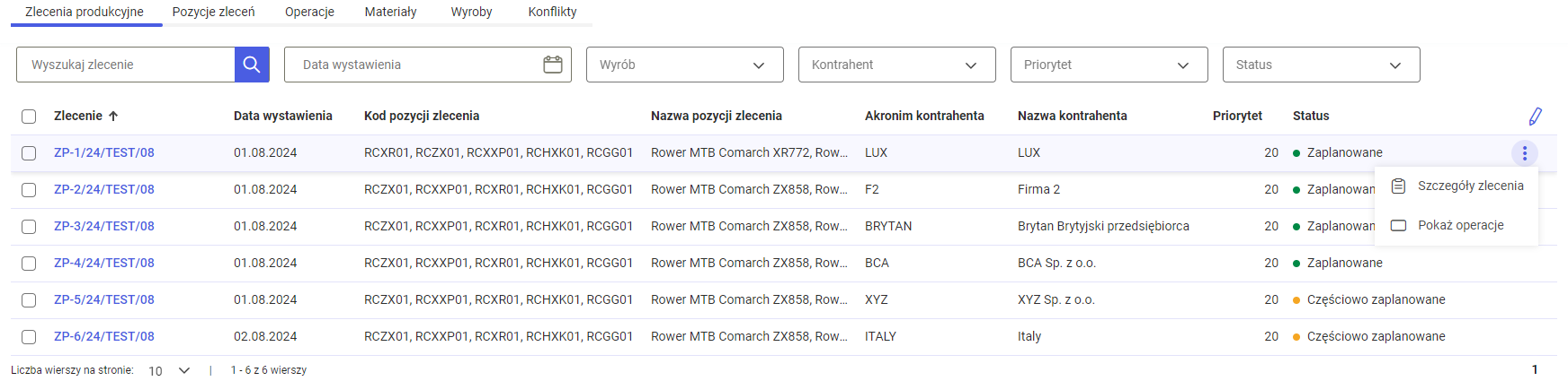 Lista zleceń produkcyjnych