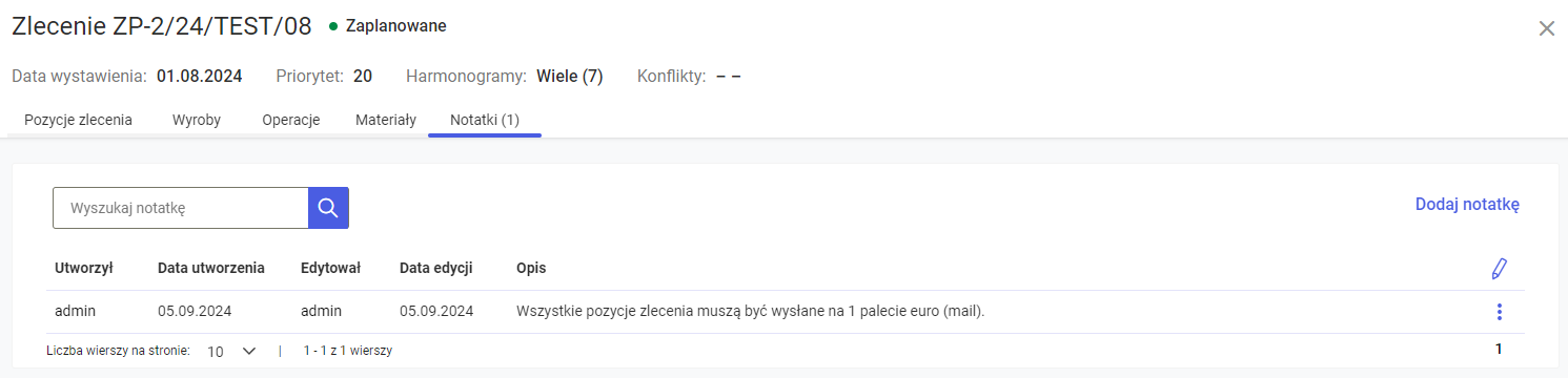 Szczegóły zlecenia, Notatki