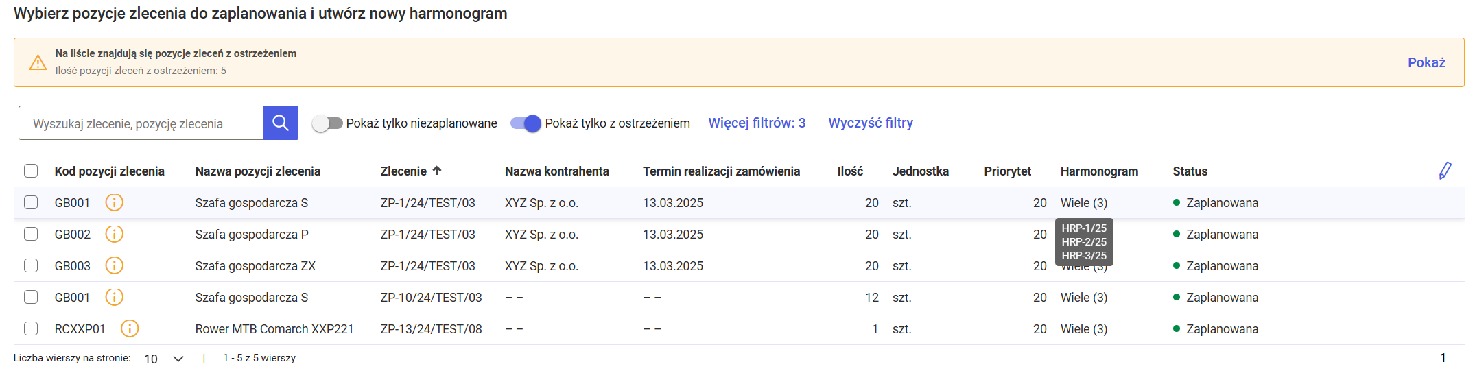 Pozycje zlecenia zaplanowane na kilku harmonogramach