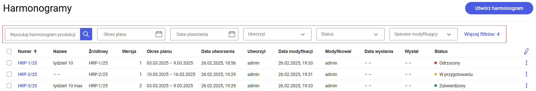 Sekcja z filtrami na liście harmonogramów