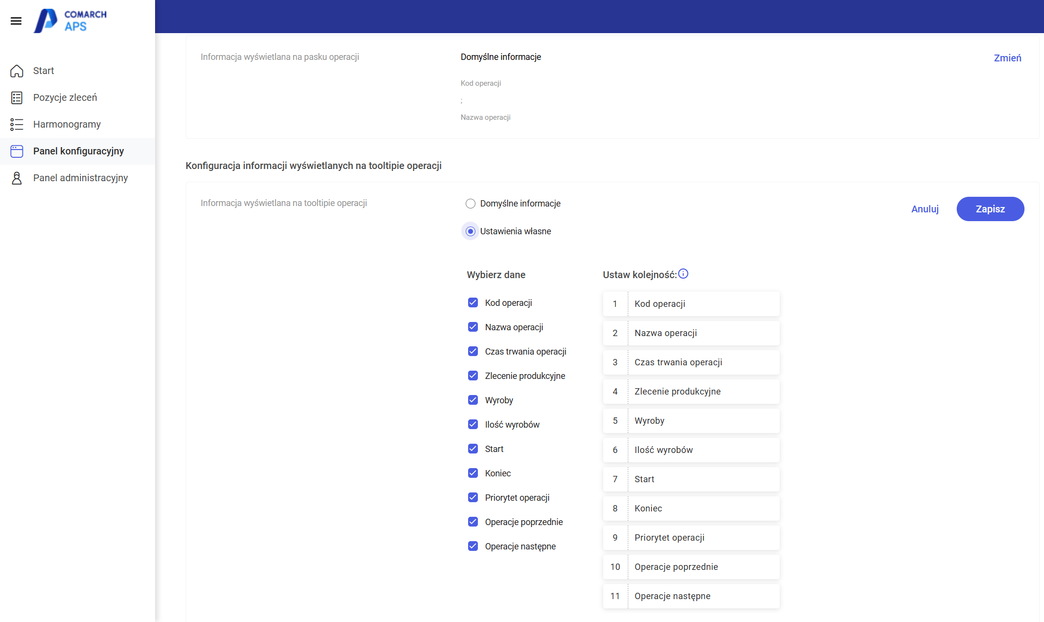 Konfiguracja informacji wyświetlonych na tooltipie operacji