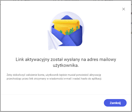 Komunikat o poprawnym wysłaniu linku aktywacyjnego dla nowego Użytkownika