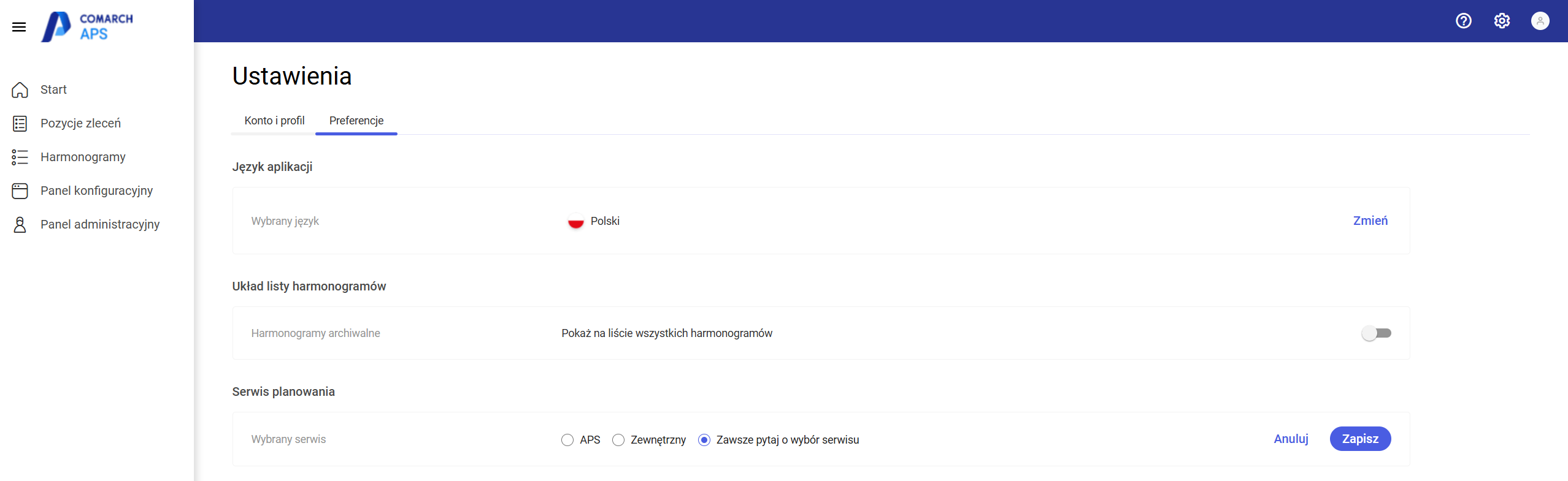 Wybór rodzaju serwisu planowania