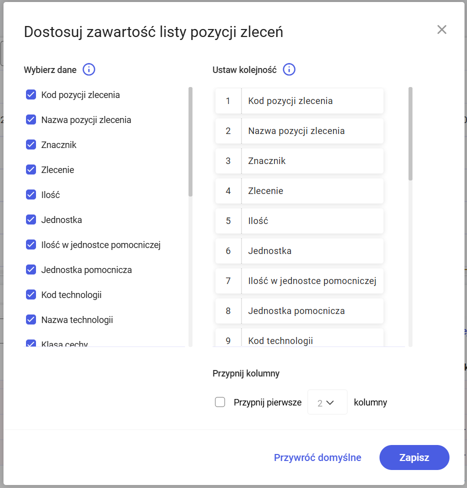 Lista kolumn wyświetlanych w oknie Dostosuj zawartość listy