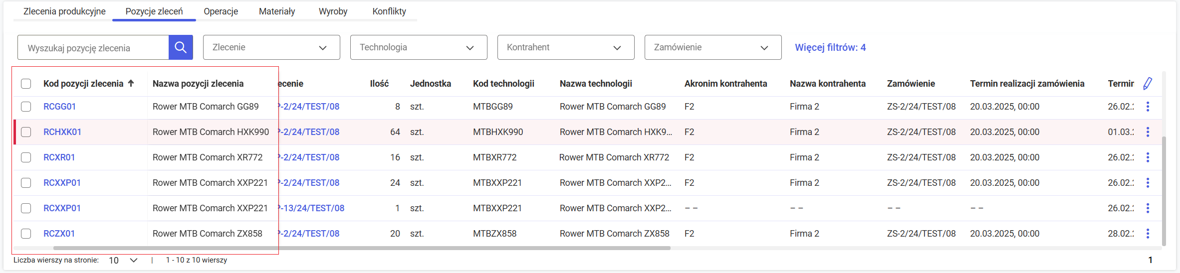 Zablokowane dwie pierwsze kolumny na liście pozycji zleceń