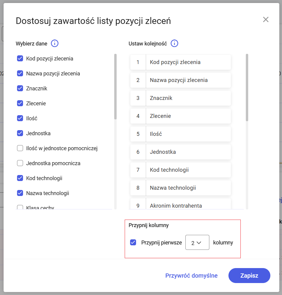 Parametry decydując o przypięciu kolumn do listy. Przy ustawieniu jak na zrzucie, na liście zostaną zablokowane dwie pierwsze kolumny