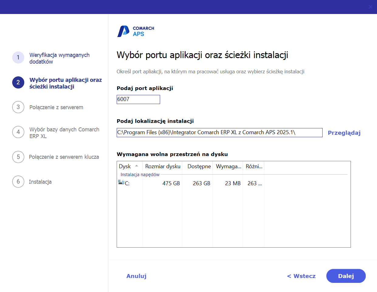 Parametr konfiguracji serwera www oraz ścieżka instalacji Integratora Comarch ERP XL z Comarch APS