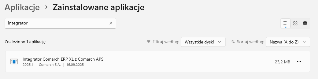 Wyszukanie Integrator Comarch ERP XL z Comarch APS w oknie Dodaj lub usuń programy