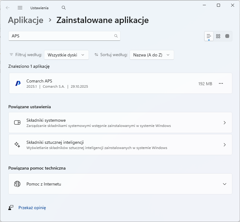Wyszukanie Comarch APS wśród zainstalowanych aplikacji i funkcja odinstalowania