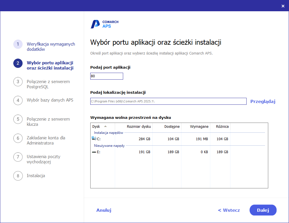 Port aplikacji oraz ścieżka instalacji aplikacji Comarch APS