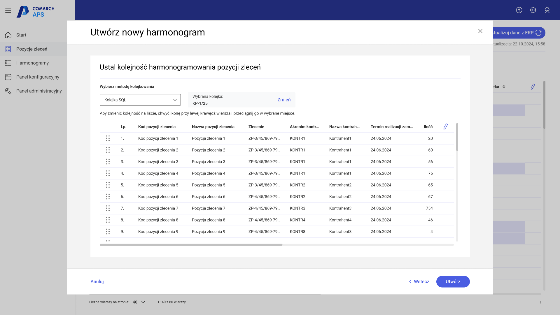 Lista pozycji zleceń posortowana według wybranej kolejki SQL