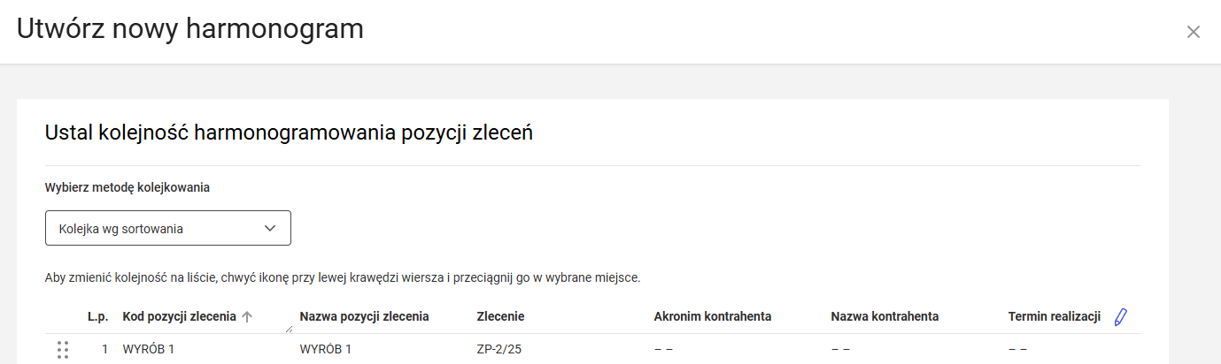 Sortowanie według kolumny Kod pozycji zlecenia