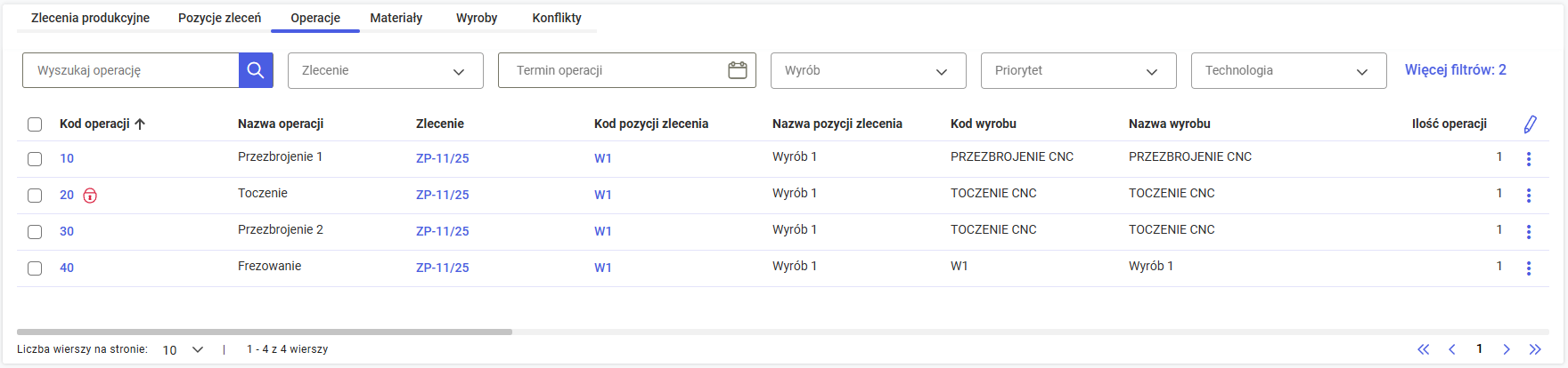 Oznaczenie zablokowanej operacji na liście operacji w panelu dolnym