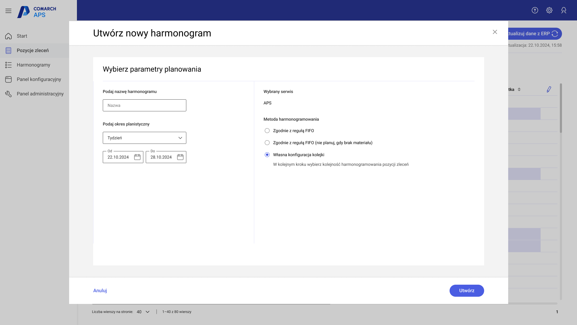 Zmiany w oknie tworzenia harmonogramu