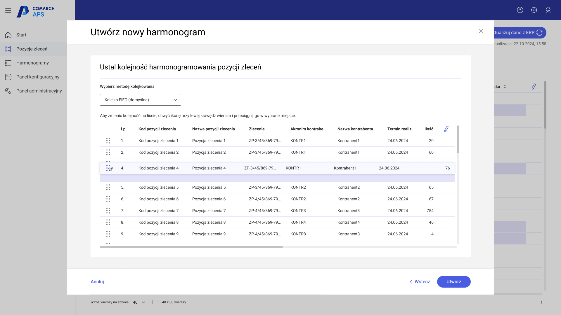 Zmiana kolejności pozycji zleceń za pomocą metody drag&drop