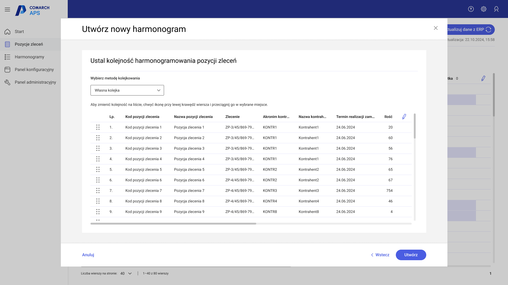 Zmiana metody kolejkowania na Własna kolejka po ręcznej zmianie kolejności pozycji zleceń