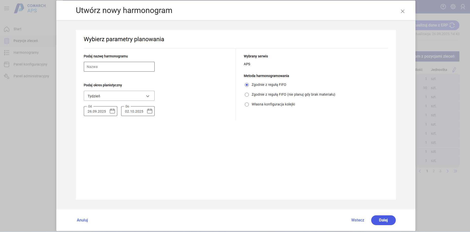 Okno tworzenia harmonogramu, wybór parametrów planowania