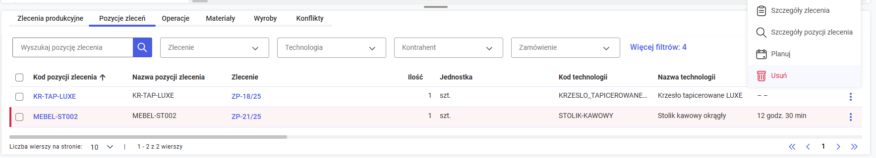 Usuwanie pozycji zlecenia z listy panelu dolnego okna harmonogramu