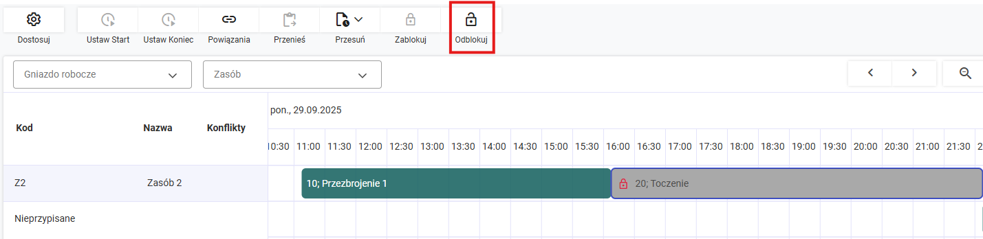 Funkcja Odblokuj na pasku narzędzi