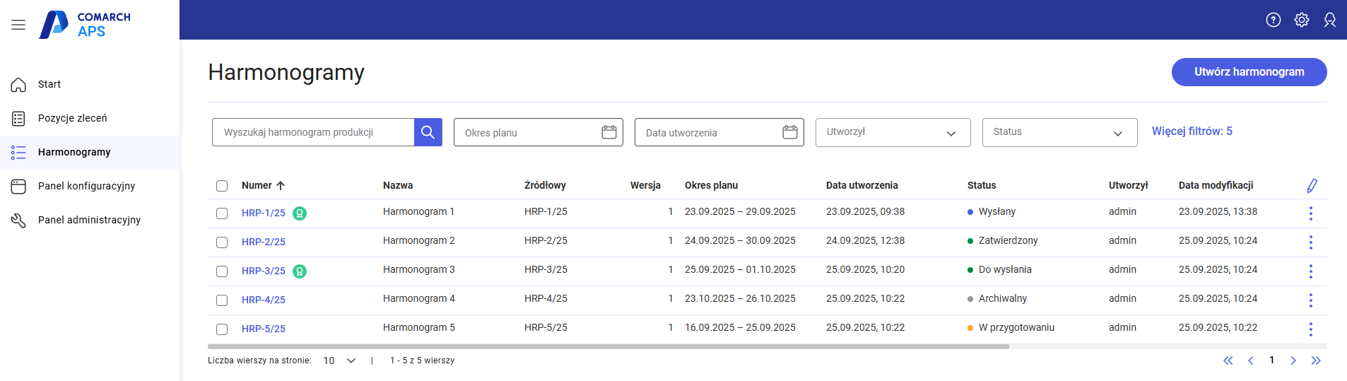 Lista harmonogramów, otwierana opcją Harmonogramy z panelu nawigacyjnym