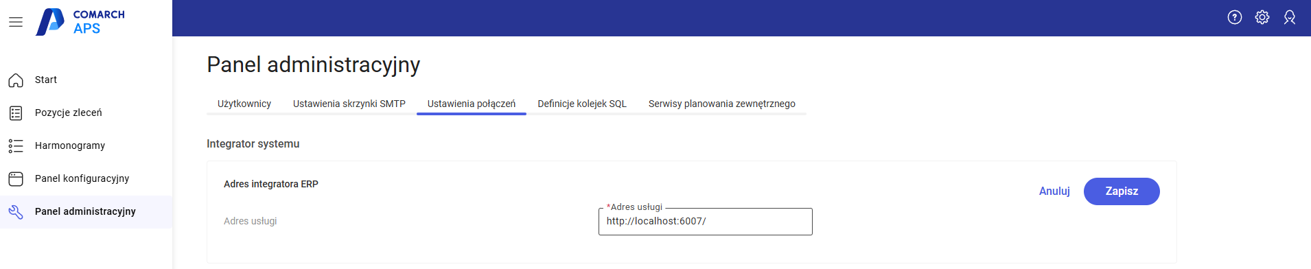 Pole Adres usługi, służące wskazaniu adresu integratora ERP