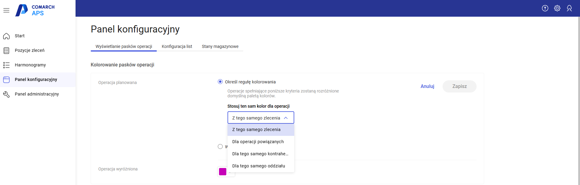Kryteria kolorowania pasków operacji
