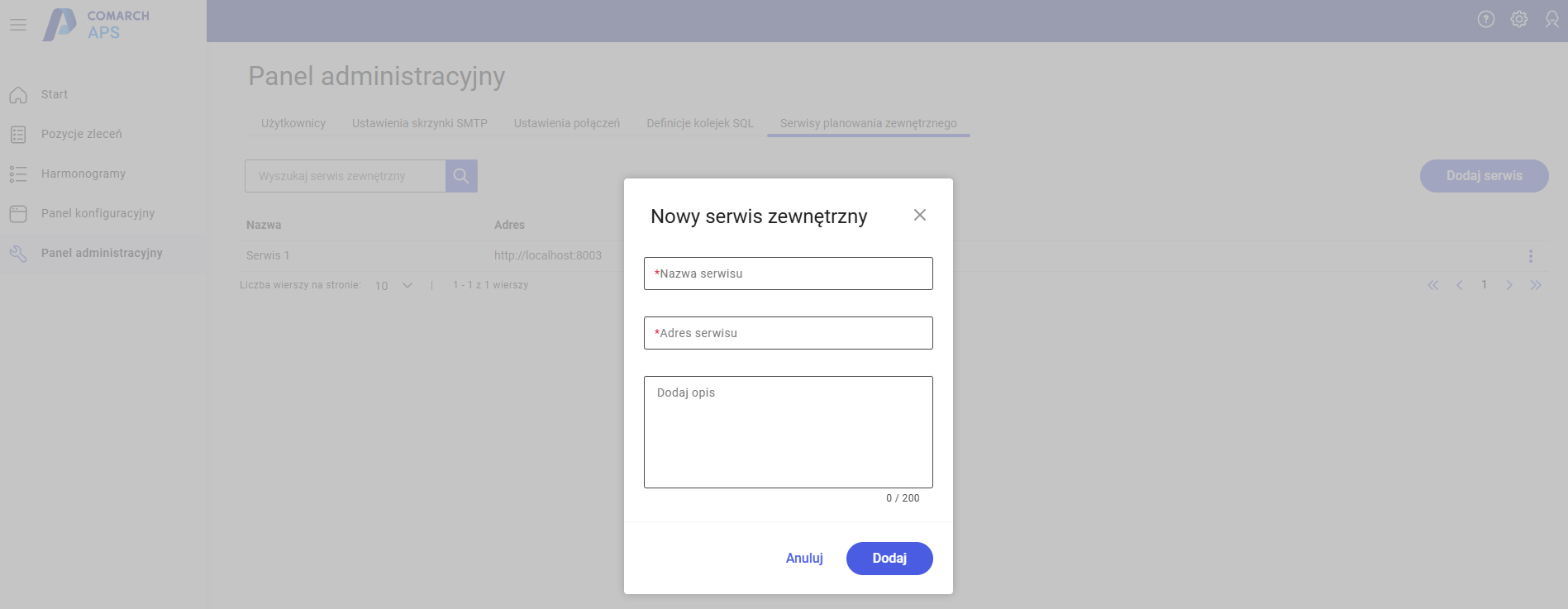 Dodawanie serwisu zewnętrznego