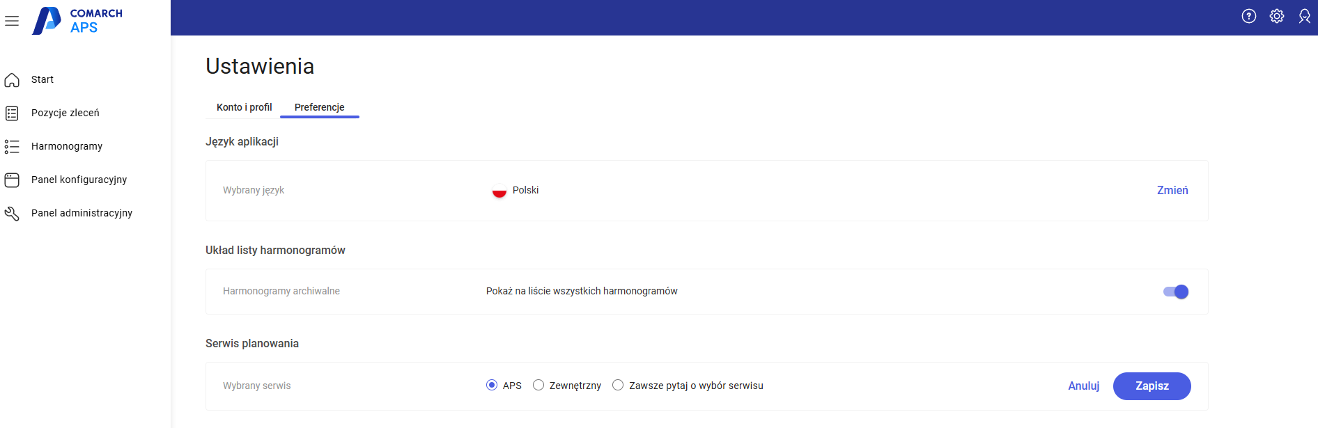 Wybór rodzaju serwisu planowania