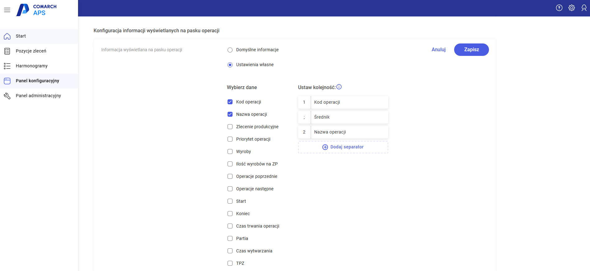 Obszar, w którym możliwa jest konfiguracja informacji wyświetlonych na pasku operacji na wykresie