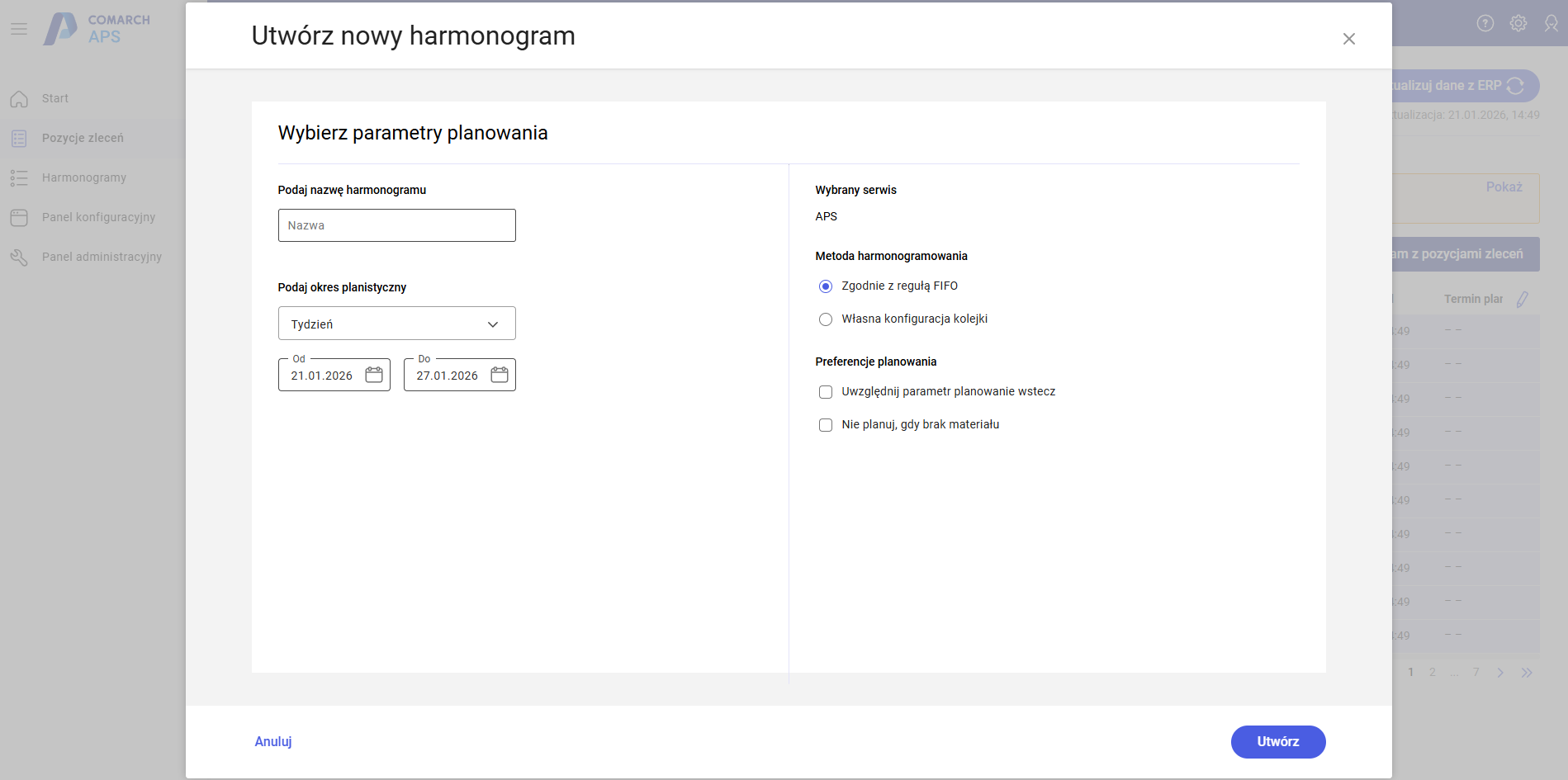 Okno tworzenia harmonogramu, wybór parametrów planowania