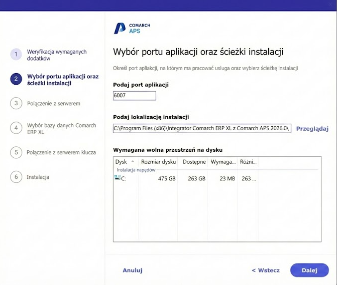 Parametr konfiguracji serwera www oraz ścieżka instalacji Integratora Comarch ERP XL z Comarch APS