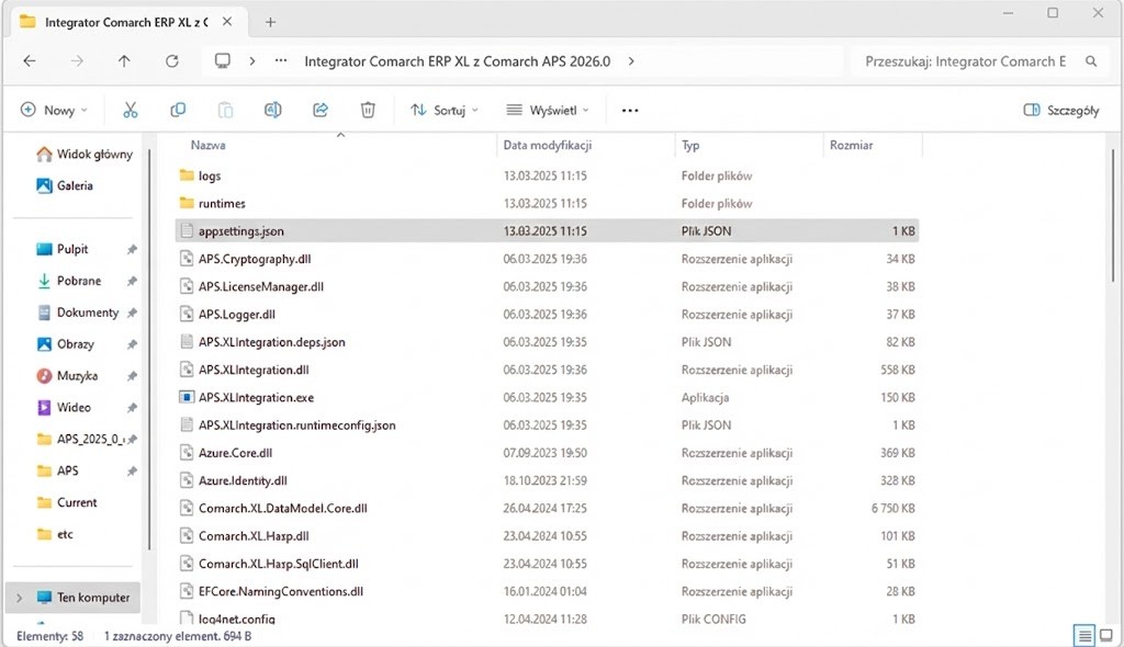 Plik appsettings.json znajdujący się w folderze Integrator Comarch ERP XL z Comarch APS 2026.0