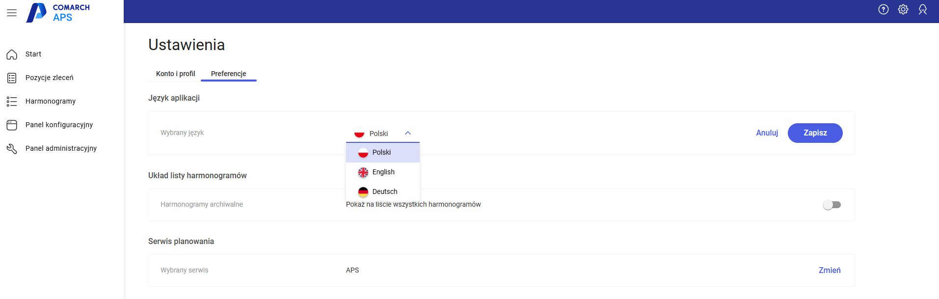 Wybór wersji językowej APS