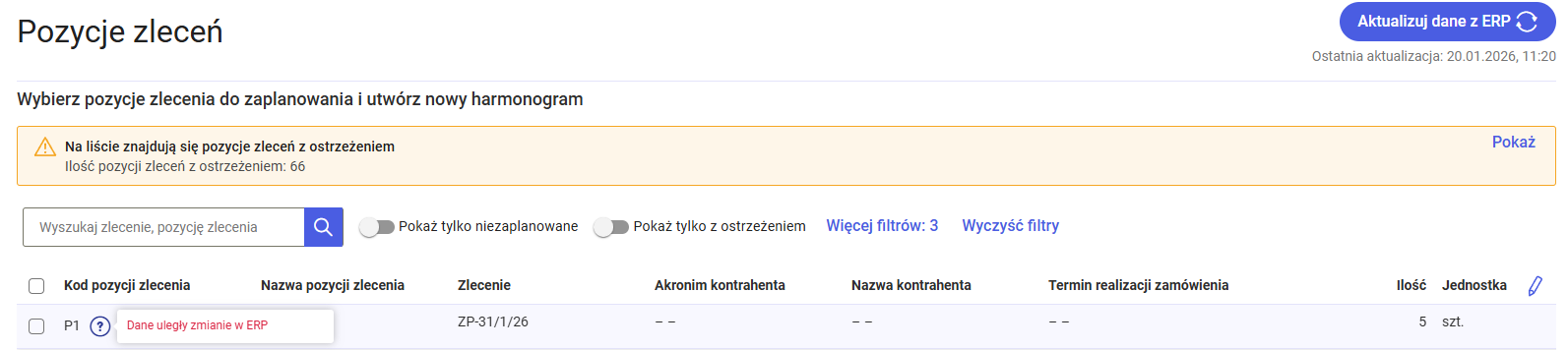 Ostrzeżenie dotyczące zmian w systemie Comarch ERP XL dla pozycji zaplanowanej w Comarch APS